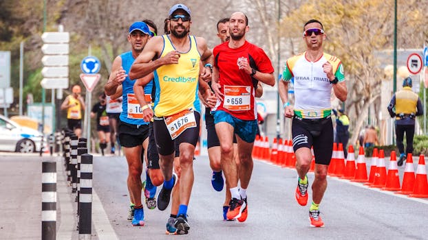 Dynamic scene of a group of male runners competing in an outdoor marathon.